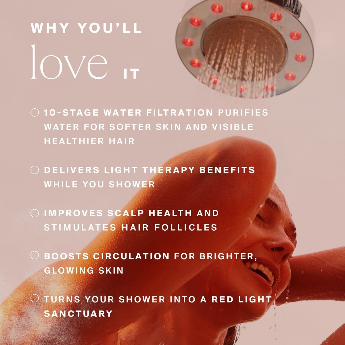 Woman washing her hair in a red-lit shower with HigherDOSE Red Light Showerhead Filter benefits listed