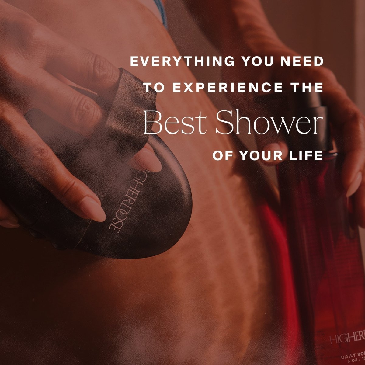 Hand holding the HigherDOSE copper body brush against her skin: the best shower of your life