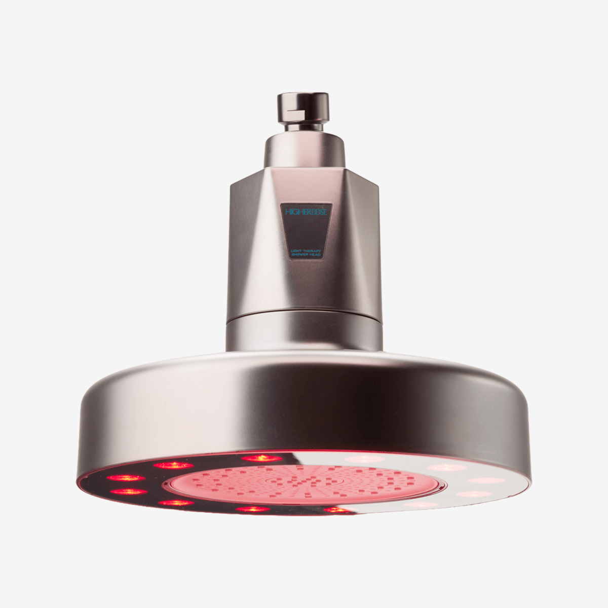 Silver HigherDOSE Red Light Showerhead Filter on white, front view