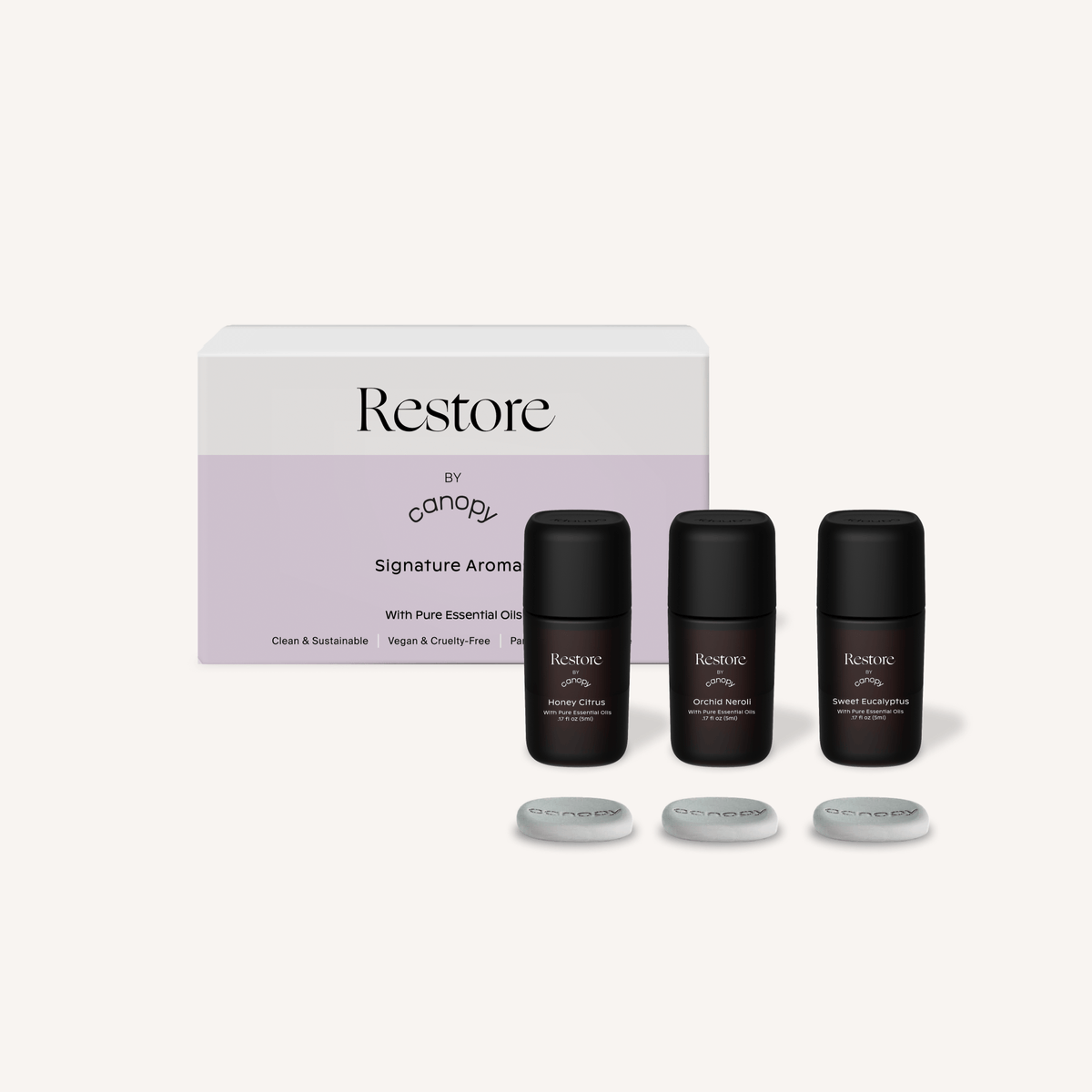 Canopy Restore Aroma Kit: three dark aroma bottles and felt diffusers