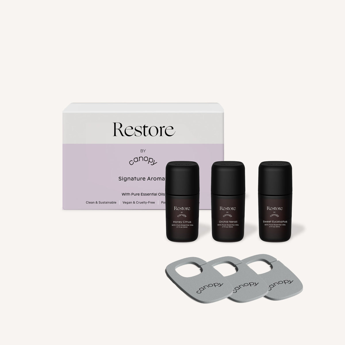 Canopy Restore Aroma Kit: three aroma bottles with three Canopy felt diffusers