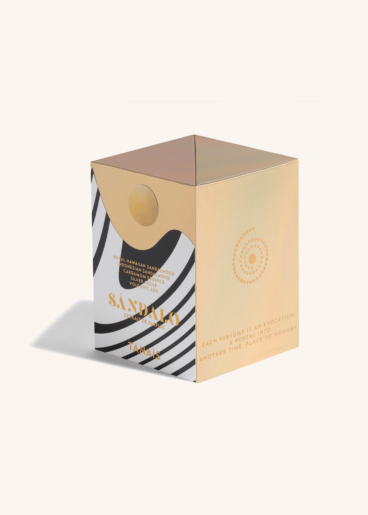 TANAÏS Sándalo Extrait de Parfum gift box in a black and white zebra stripe with a gold lid