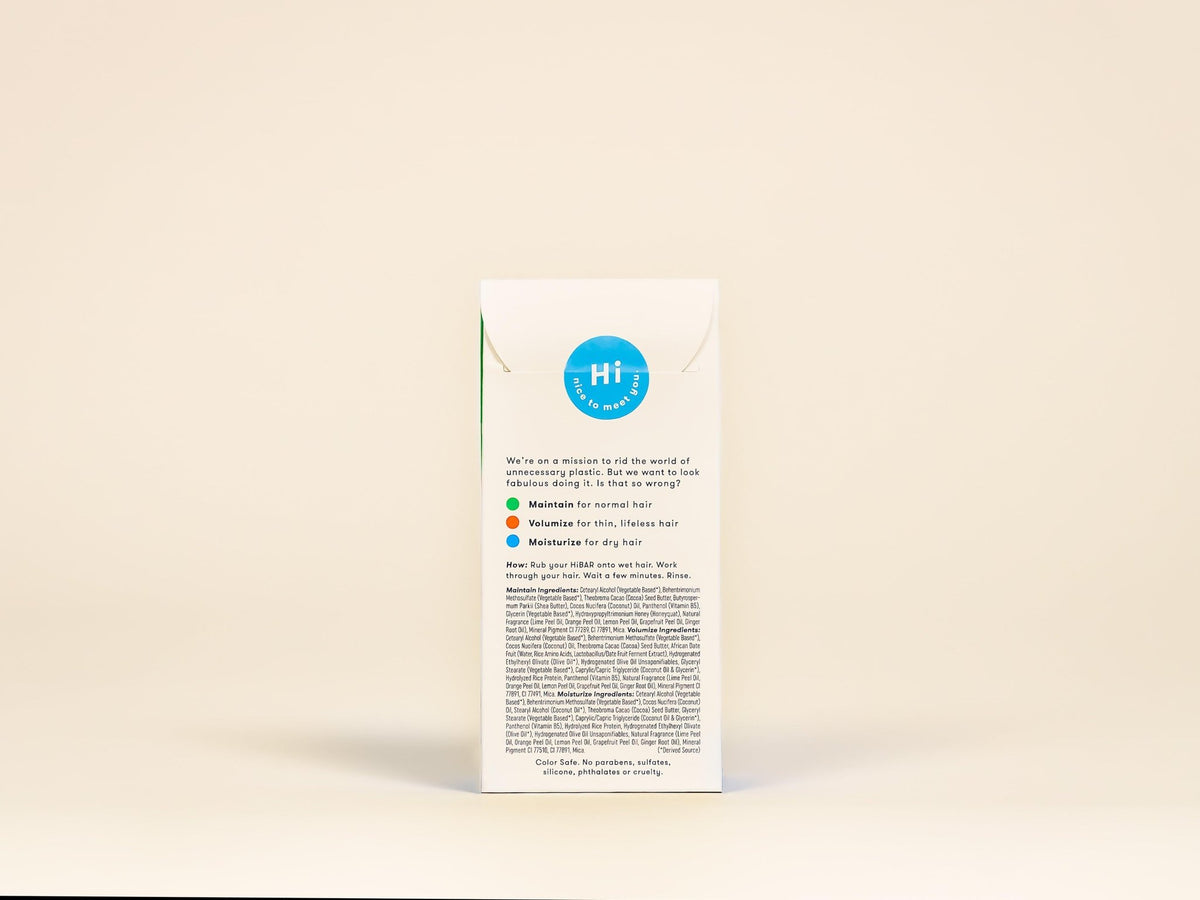 Back of the HiBAR Shampoo & Conditioner Sampler Set box with ingredients and directions (view 1)