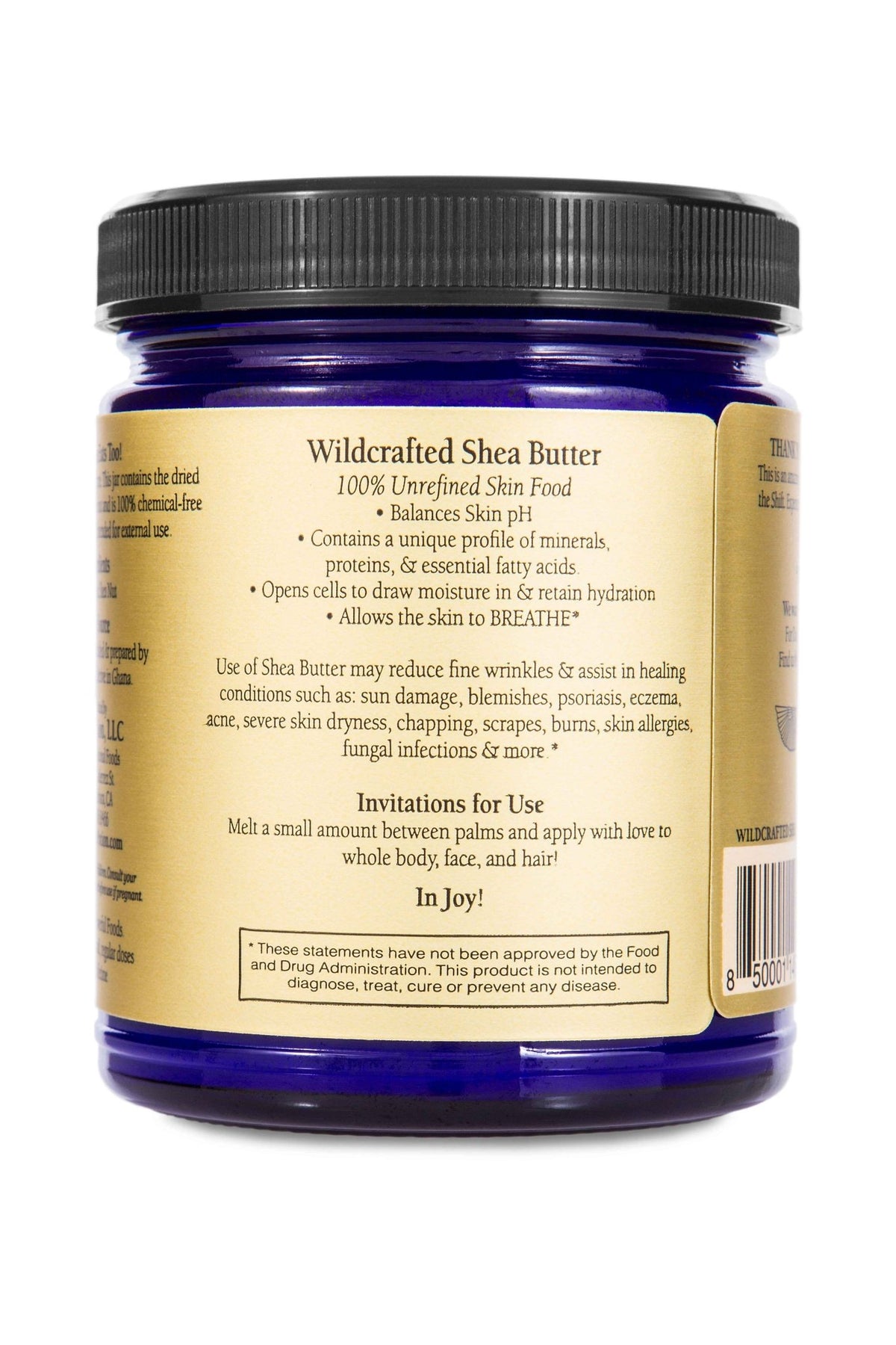 Back of the Sun Potion Shea Butter jar with the description and invitations for use
