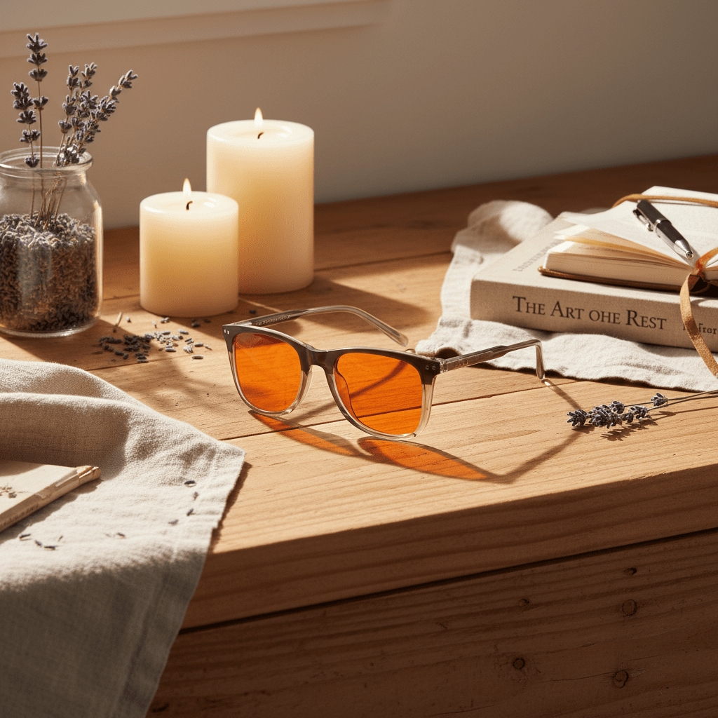 DreamWalkerz St. Croix Topaz orange-lens glasses on a wooden table with candles, lavender and a book