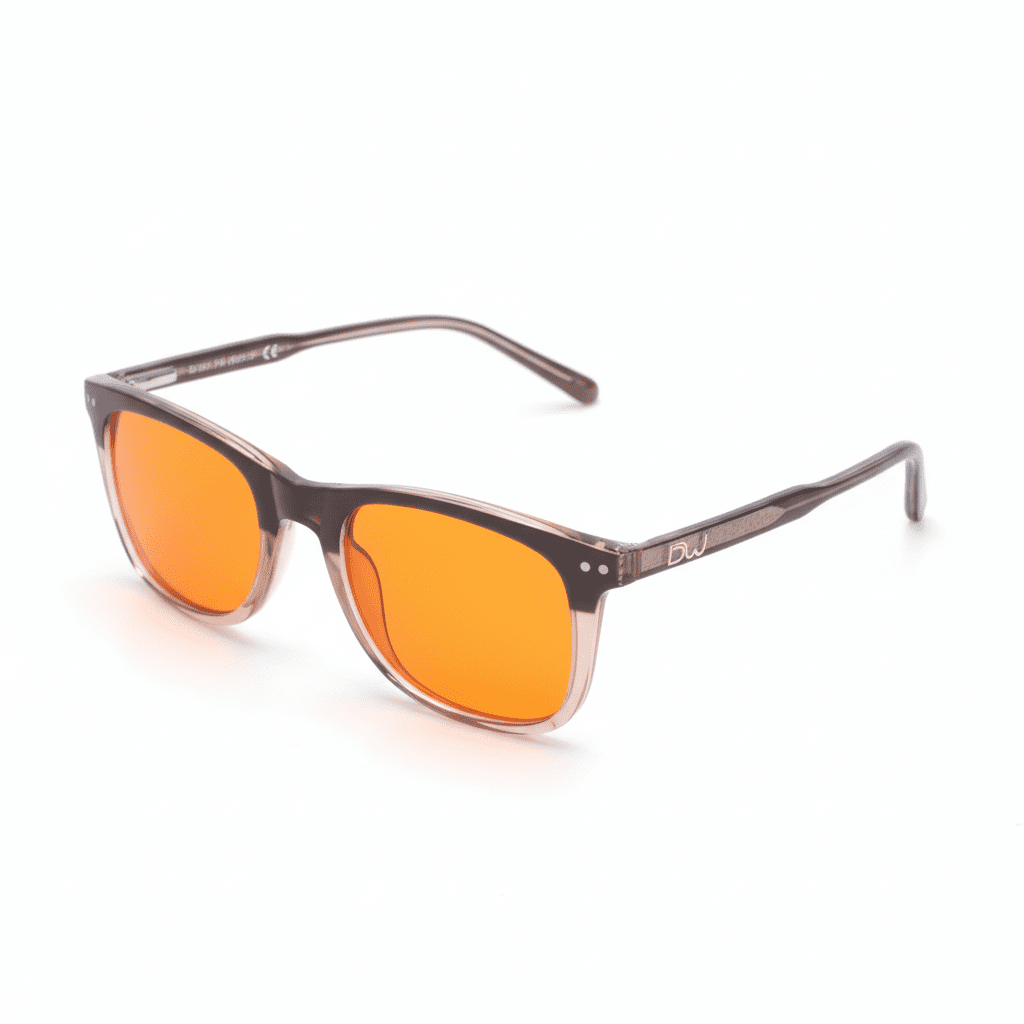 DreamWalkerz St. Croix Topaz sleep glasses, three-quarter view with orange lenses