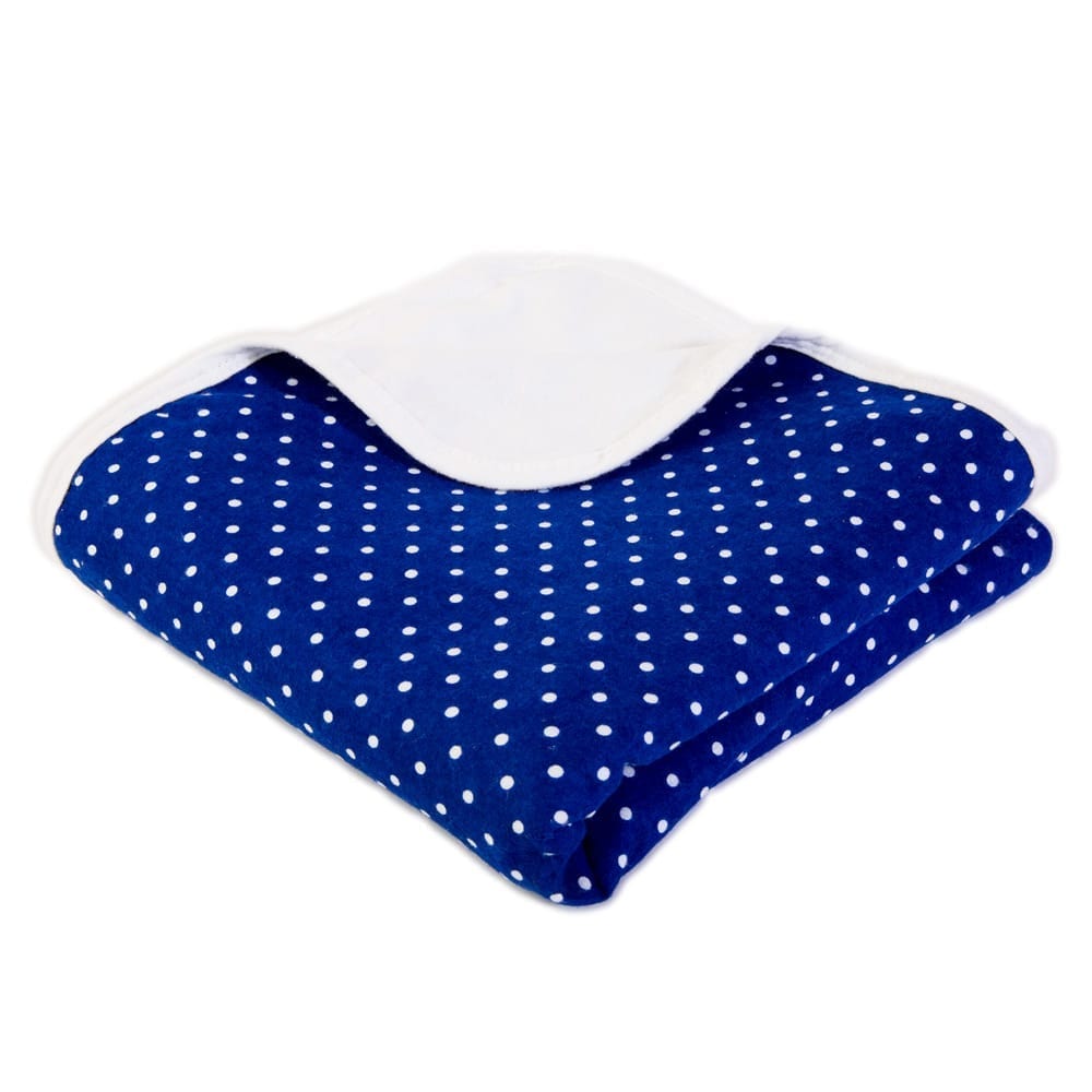Shield Your Body Baby Blanket in blue polka dots folded over a white trim, front view
