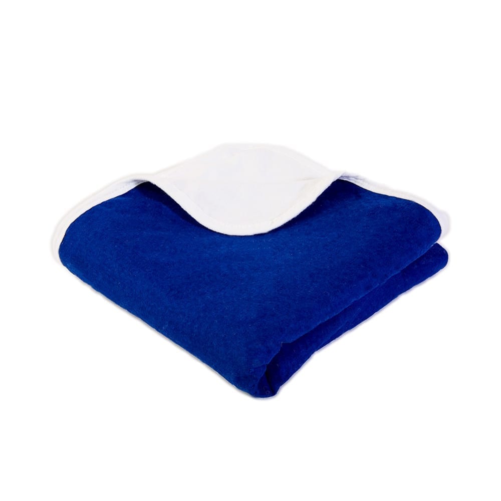 Shield Your Body Baby Blanket in solid royal blue folded over a white trim