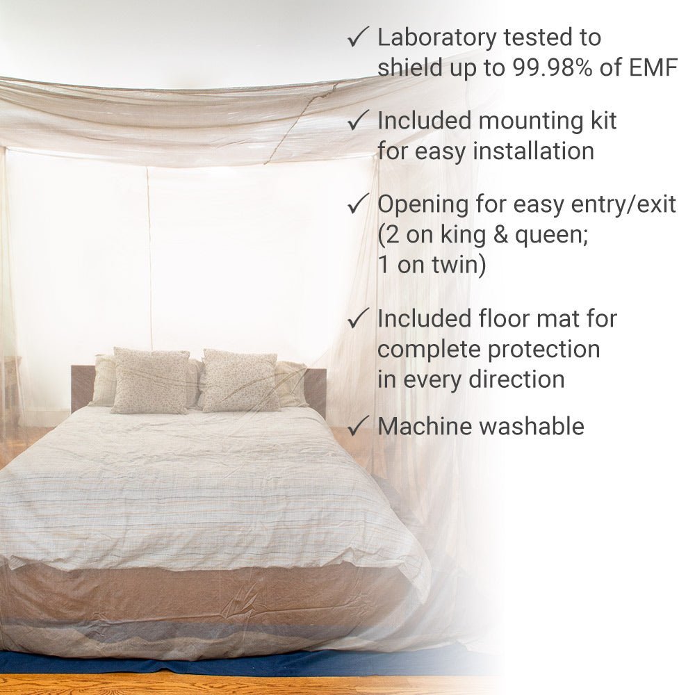 Shield Your Body Faraday Bed Canopy features: tested to shield up to 99.98% of EMF, mounting kit, floor mat, machine washable