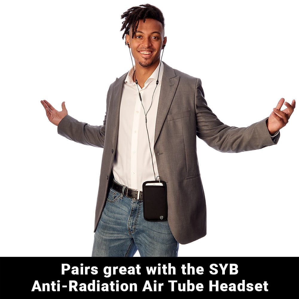 Man in a gray blazer with the Shield Your Body Phone Pouch on a cord: pairs great with the SYB Air Tube Headset