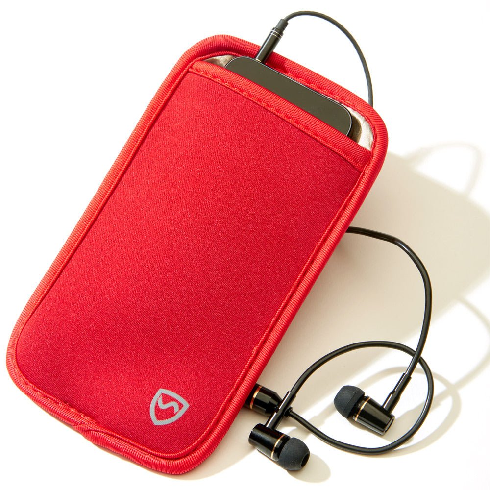Shield Your Body Phone Pouch in red holding a phone with earbuds