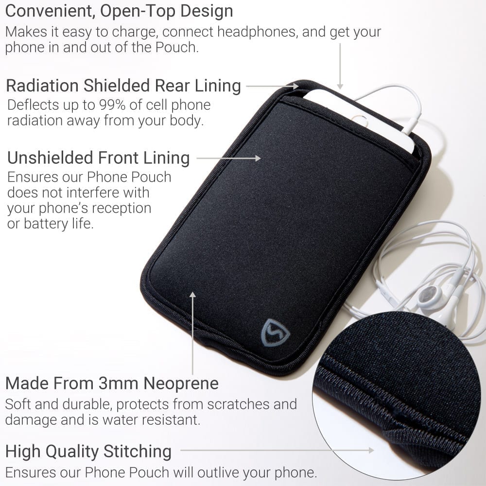 Shield Your Body Phone Pouch: shielded rear lining, unshielded front lining, 3mm neoprene, quality stitching