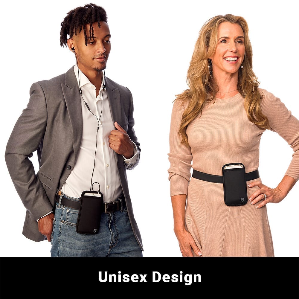 Man and woman wearing the Shield Your Body Phone Pouch on their belts: unisex design