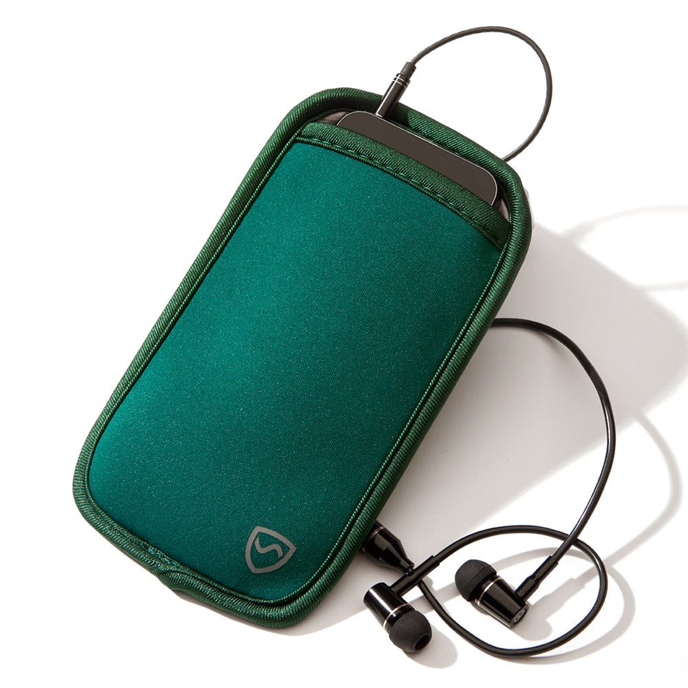 Shield Your Body Phone Pouch in dark green holding a phone with earbuds