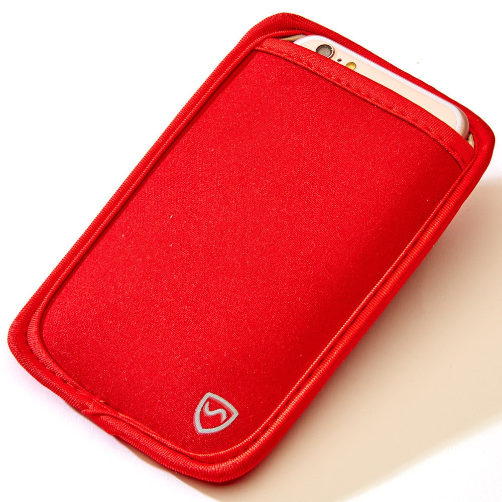 Shield Your Body Phone Pouch in red holding a phone