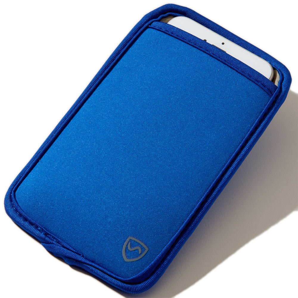 Shield Your Body Phone Pouch in royal blue holding a phone