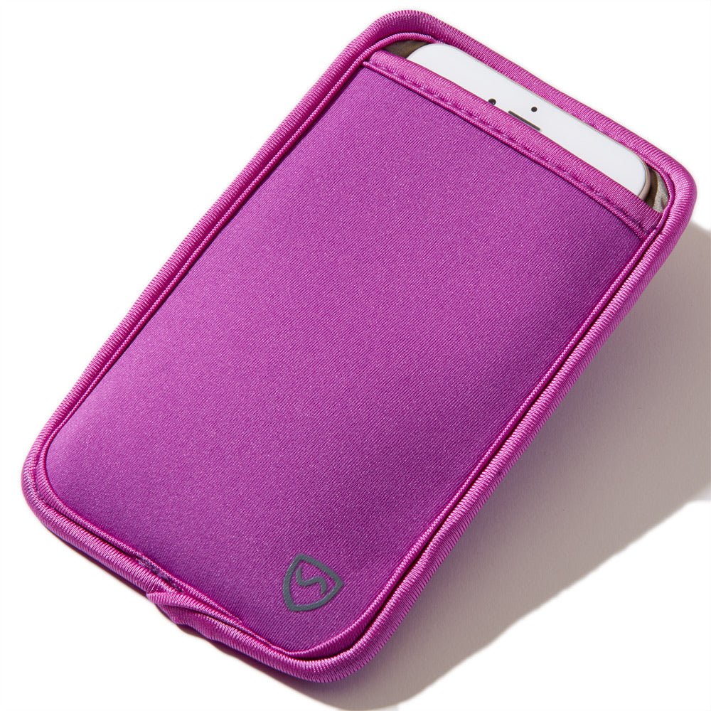Shield Your Body Phone Pouch in purple holding a phone