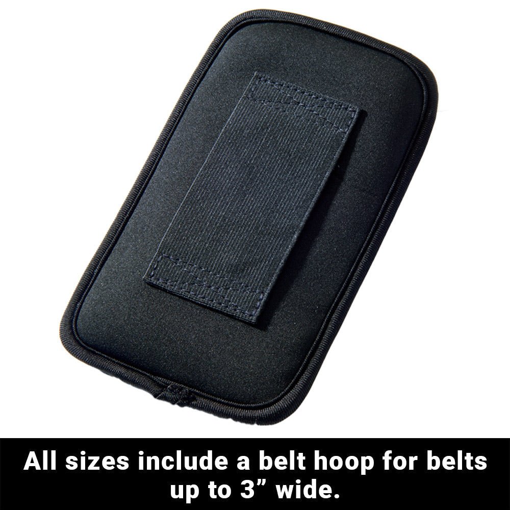Back of the Shield Your Body Phone Pouch with its belt hoop: all sizes fit belts up to 3 inches wide