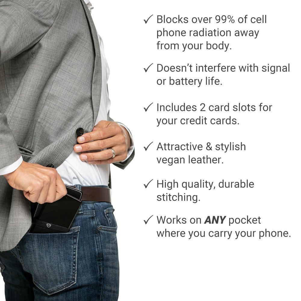 Man in a gray blazer sliding the Shield Your Body Phone Shield into his pocket: blocks over 99% of cell phone radiation