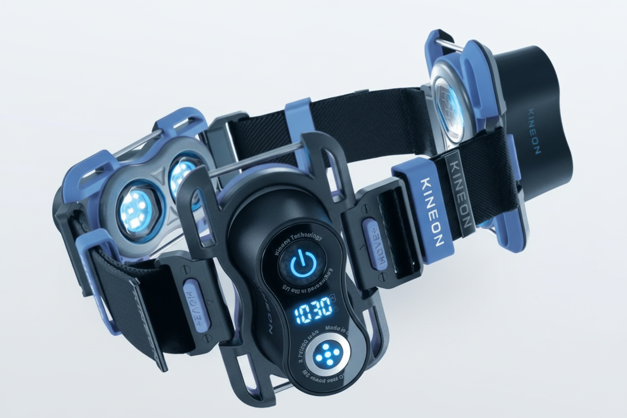 Kineon headlamp with multiple lights and display on a light gray background