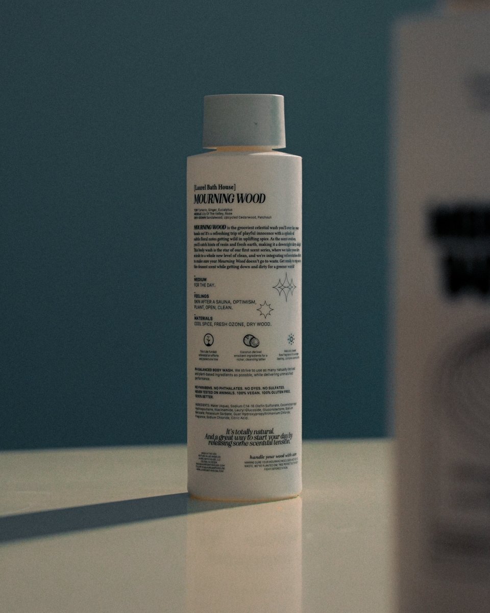 Back label of the Laurel Bath House Mourning Wood body wash bottle with ingredients