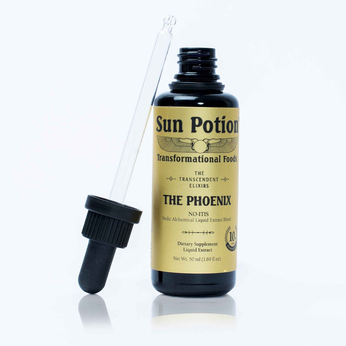 Sun Potion The Phoenix Transcendent Elixir bottle with the dropper lifted out