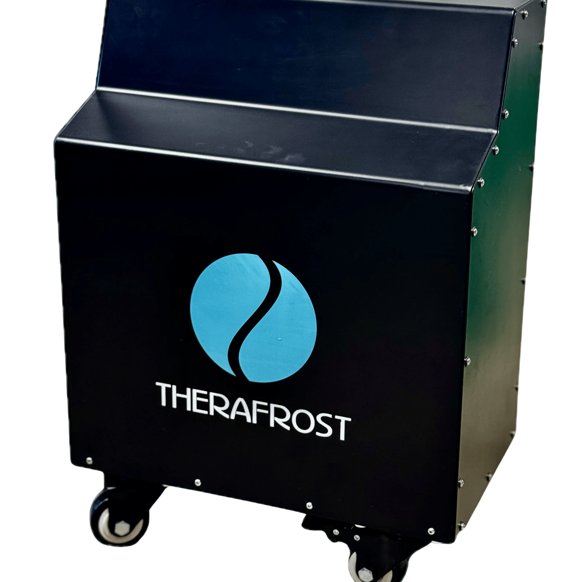 Close-up of the Therasage TheraFrost Flow unit with logo and caster wheels
