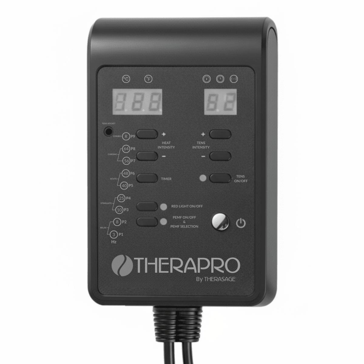 Front of the Therasage TheraPro controller with digital displays and buttons