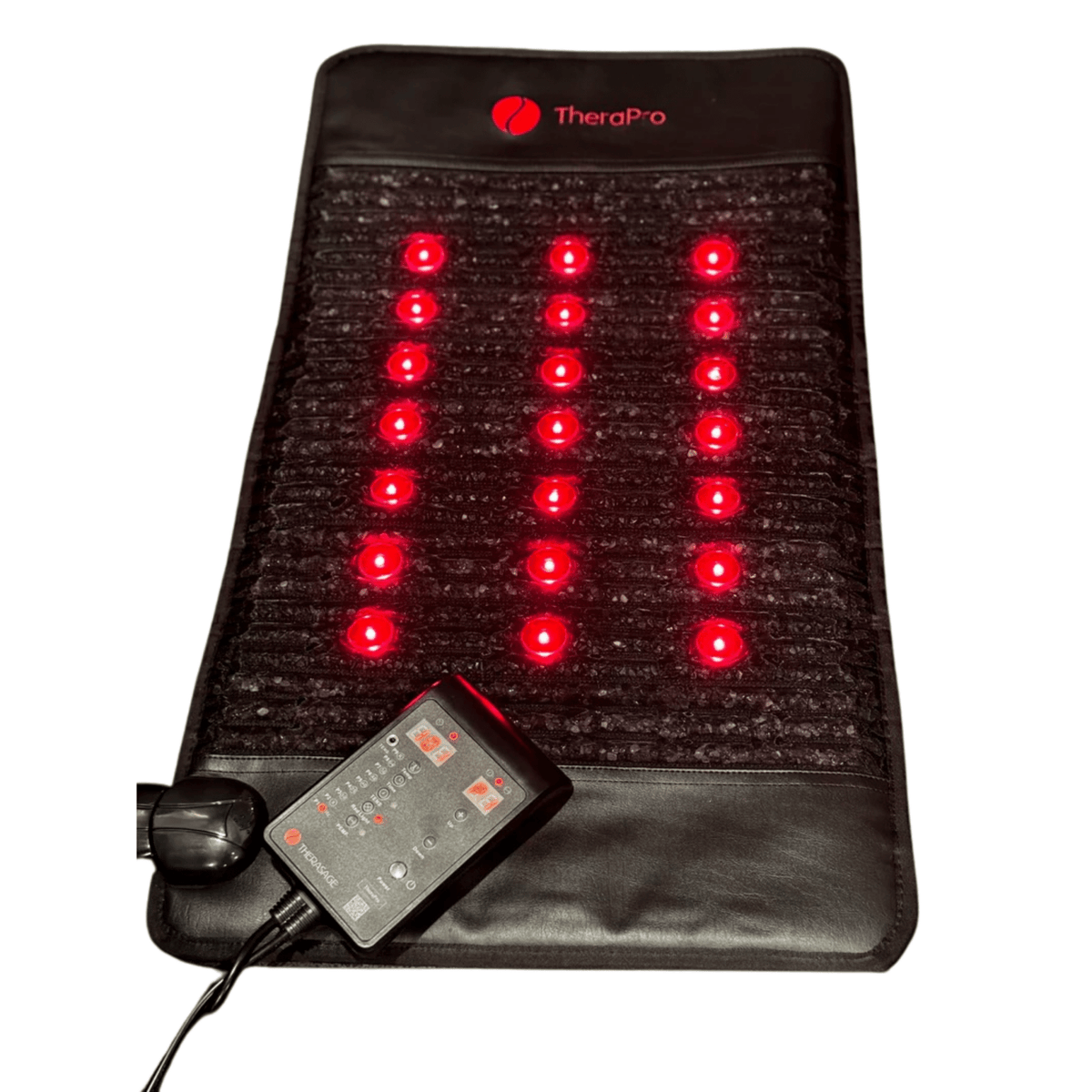 Therasage TheraPro Regular pad with red lights on and its controller connected