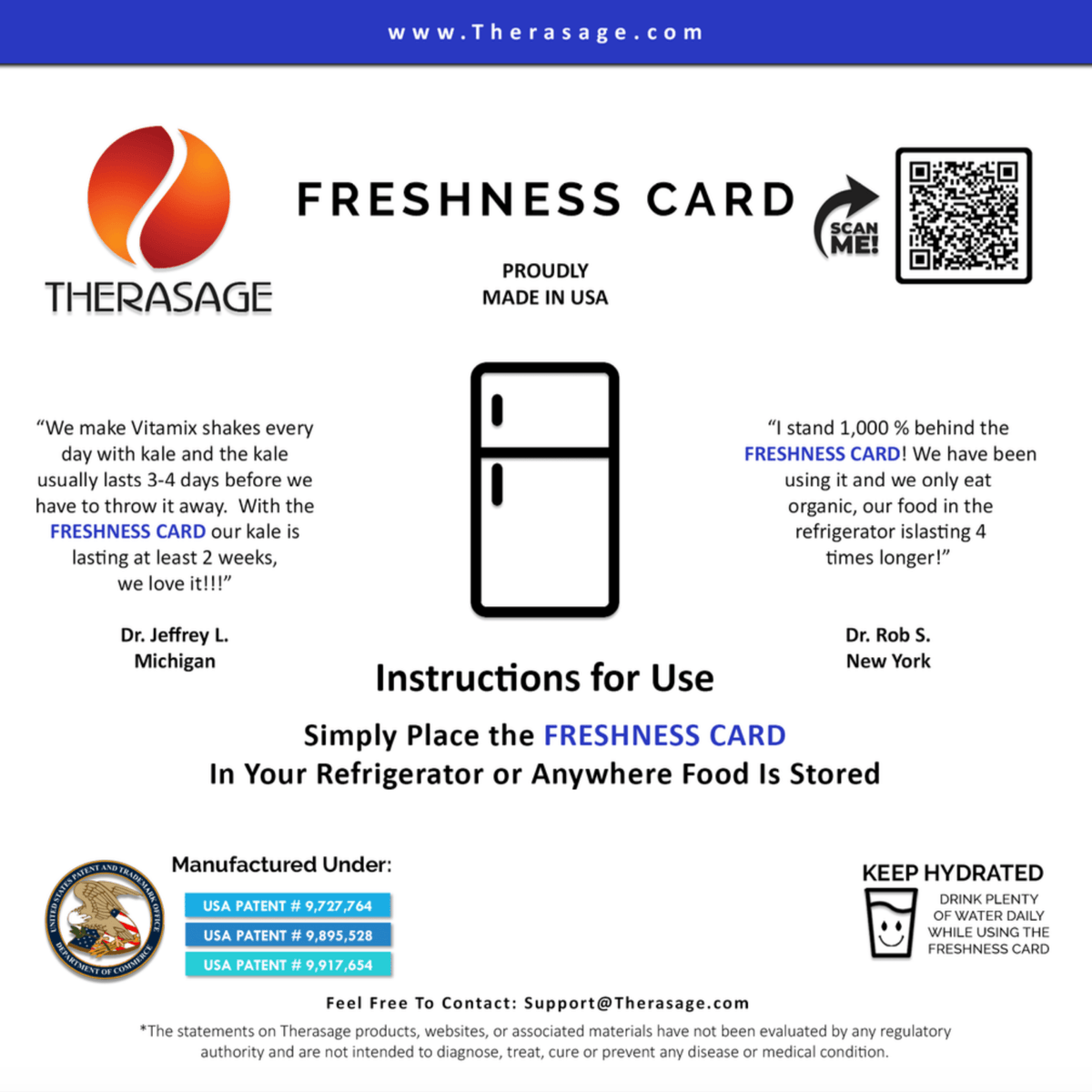 Therasage Freshness Card instruction sheet with testimonials and a refrigerator icon
