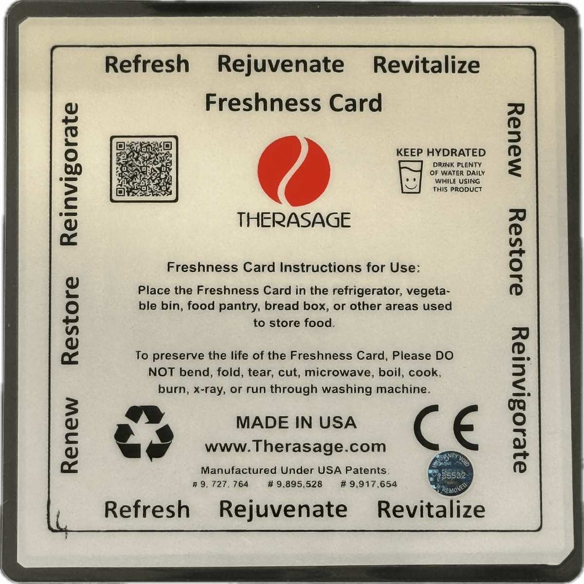 Back of the Therasage Freshness Card with usage instructions, made in USA