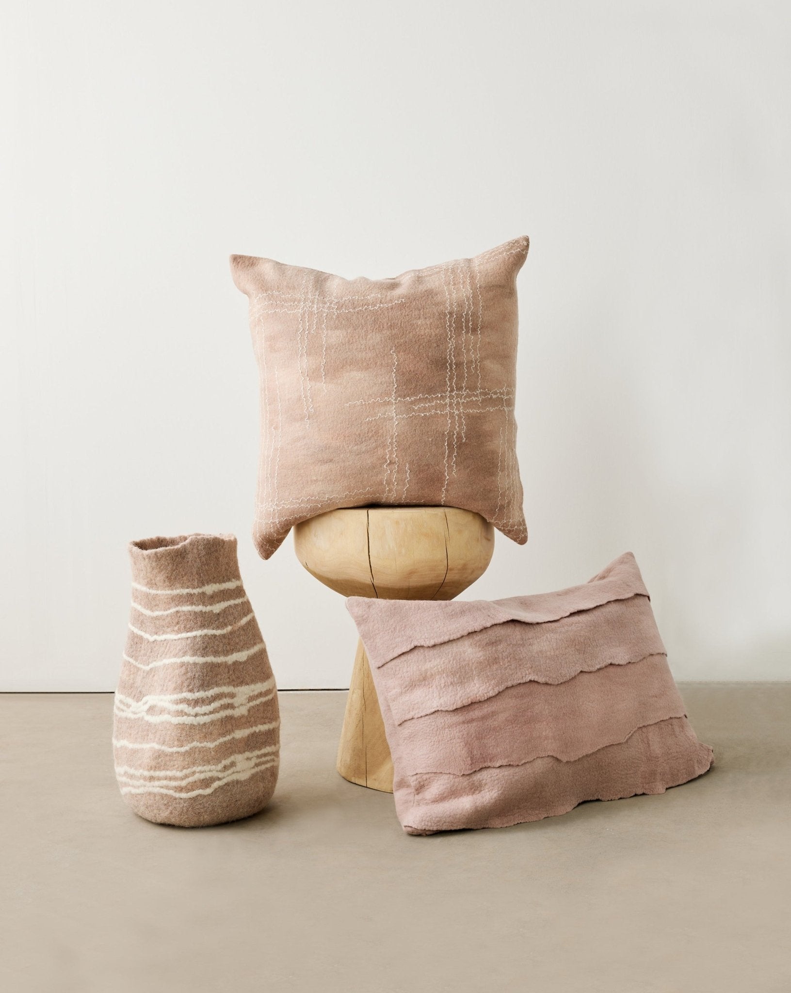 Tribal Lines Dusty Rose Pink Wool Gourd Basket Kanju Interiors