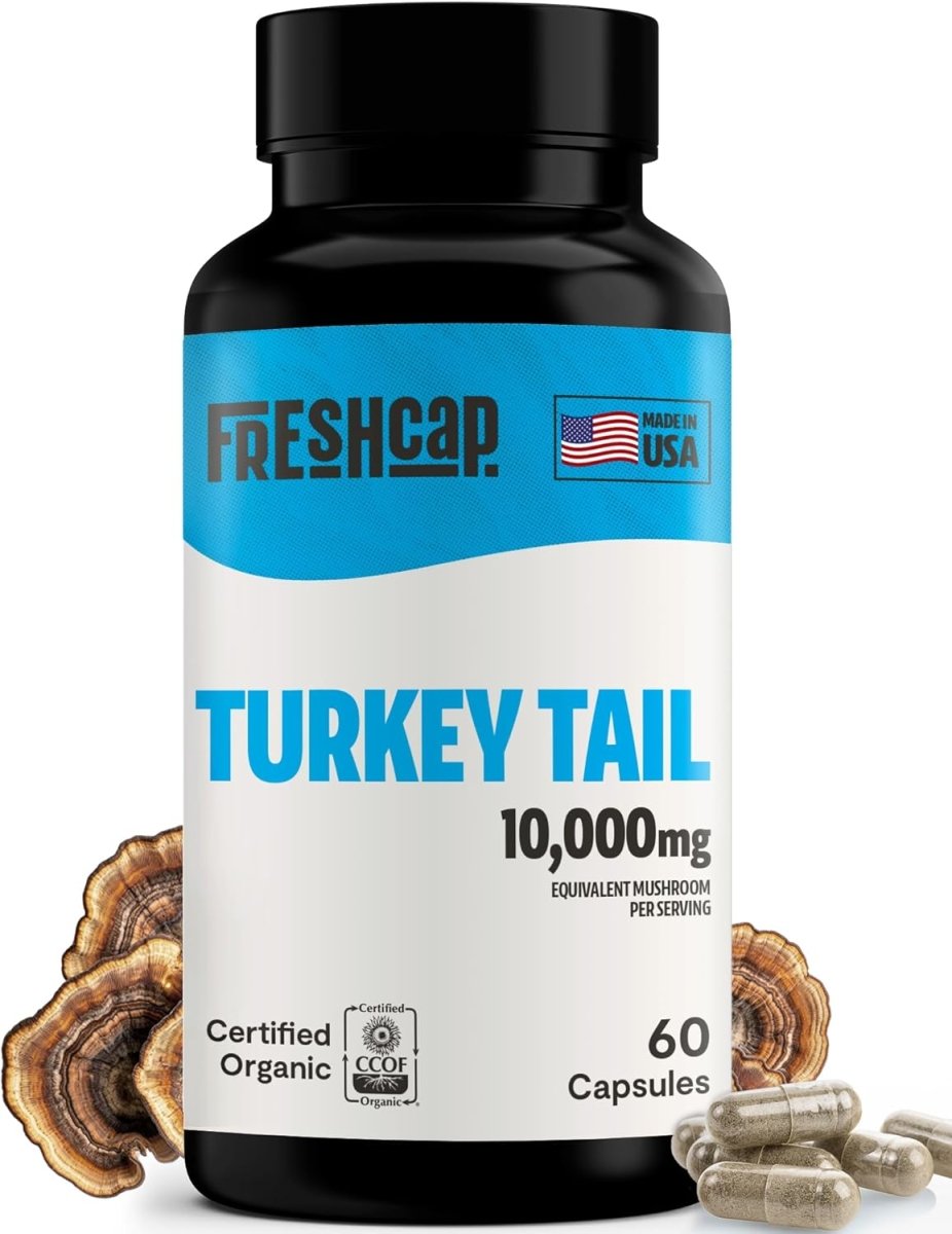 FreshCap Mushrooms Turkey Tail Capsules bottle on white, 10,000mg, 60 capsules, USDA organic