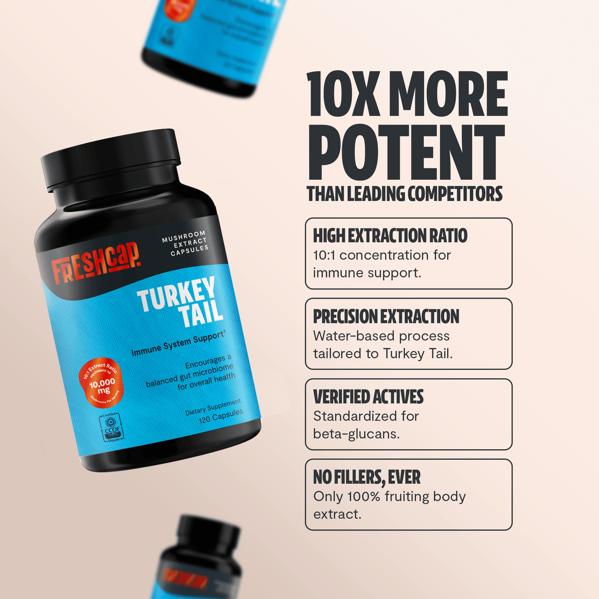 FreshCap Mushrooms Turkey Tail Capsules is 10x more potent than leading competitors: high extraction ratio, no fillers