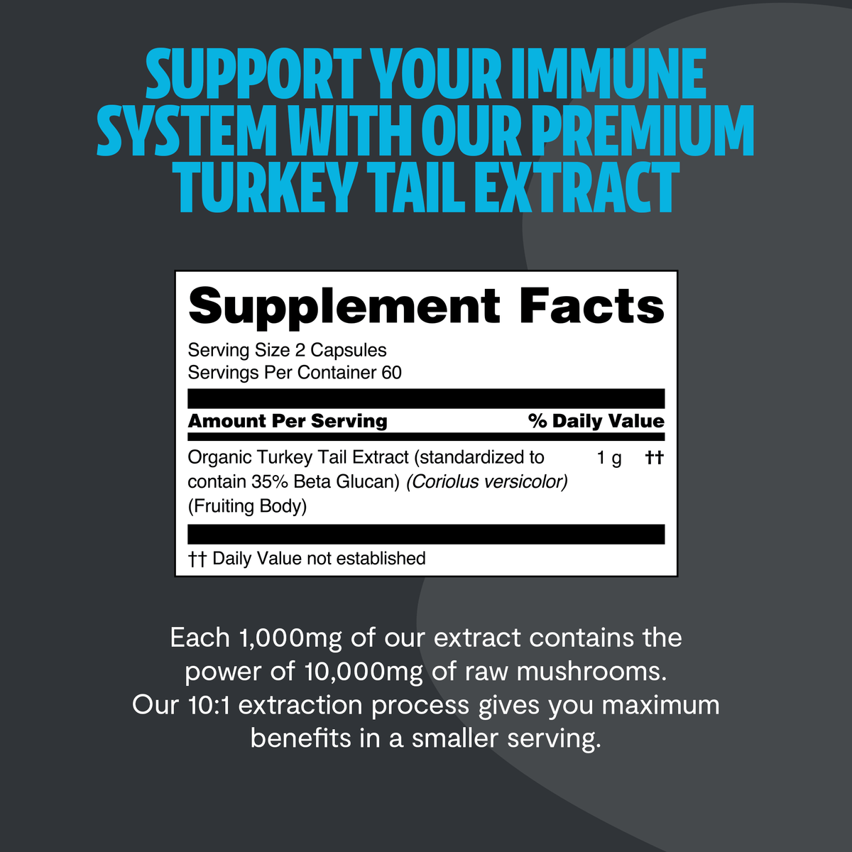 FreshCap Mushrooms Turkey Tail Capsules supplement facts: 2 capsules, 1g extract equals 10,000mg raw mushrooms, 60 servings