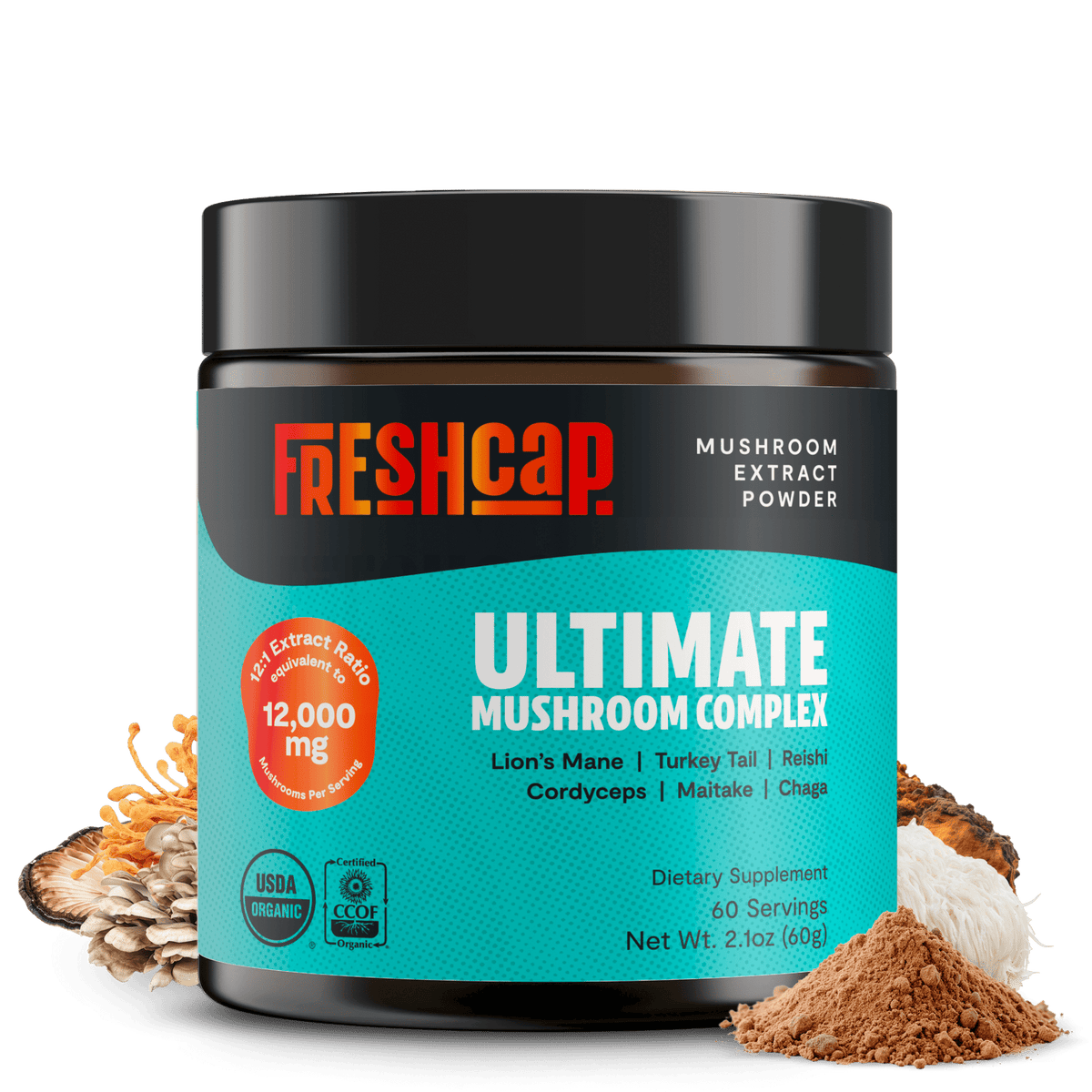 FreshCap Mushrooms Ultimate Mushroom Complex Powder jar, 12,000mg, USDA organic, 60 servings, with mushrooms and powder