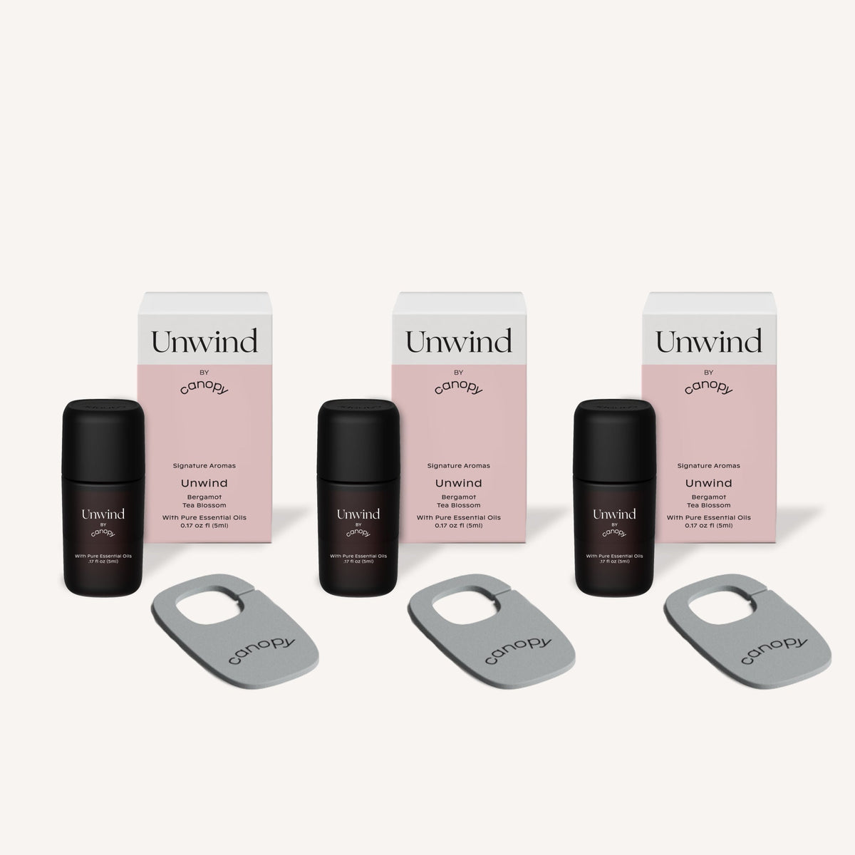 Canopy Unwind Aroma Kit: three aroma bottles and boxes with three Canopy felt diffusers