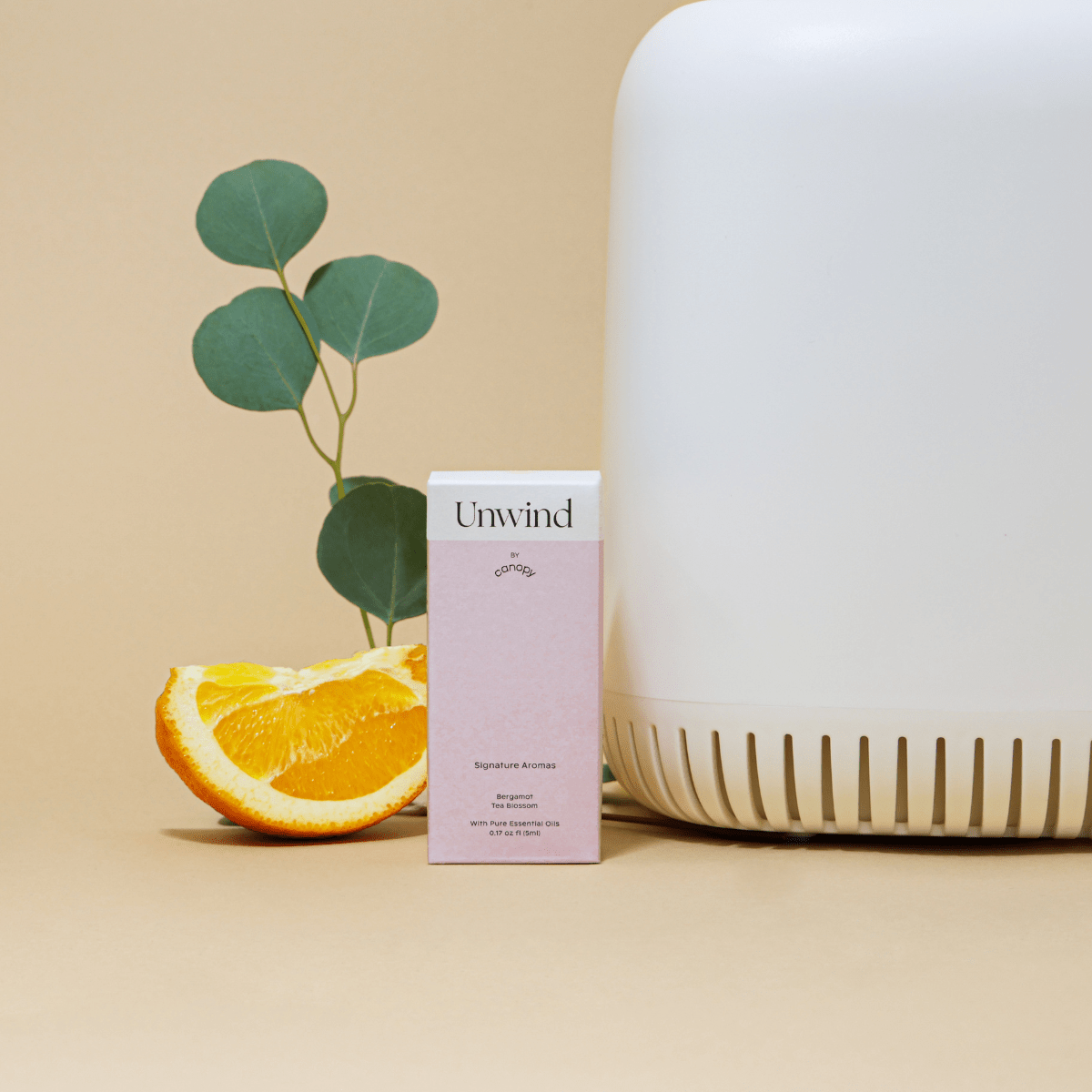 Canopy Unwind aroma box beside an orange slice, eucalyptus and a humidifier