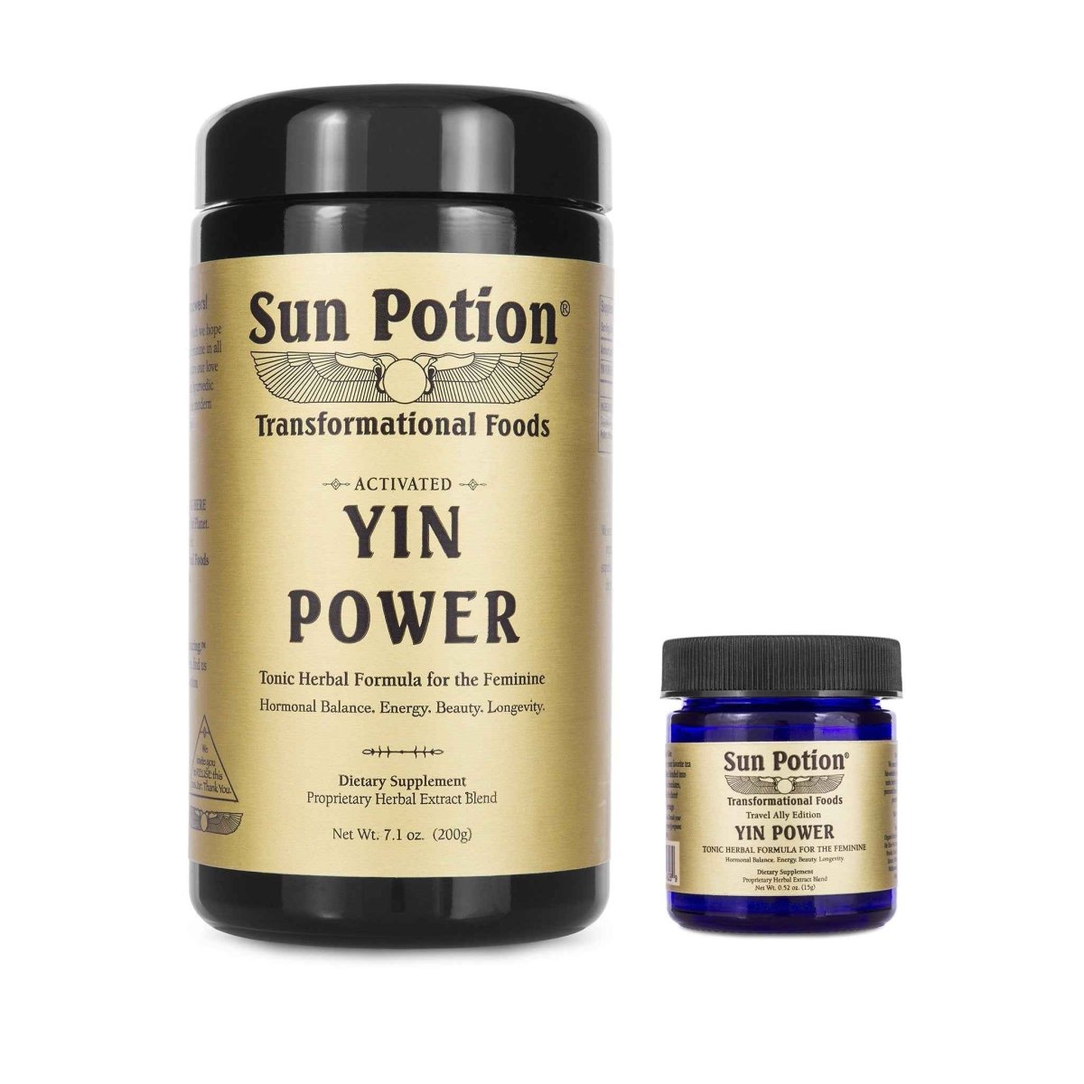 Sun Potion Yin Power large 7.1 oz jar beside the small Travel Ally Edition jar