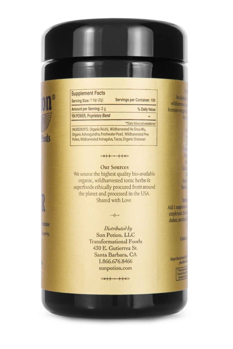 Back of the Sun Potion Yin Power jar with supplement facts and sources
