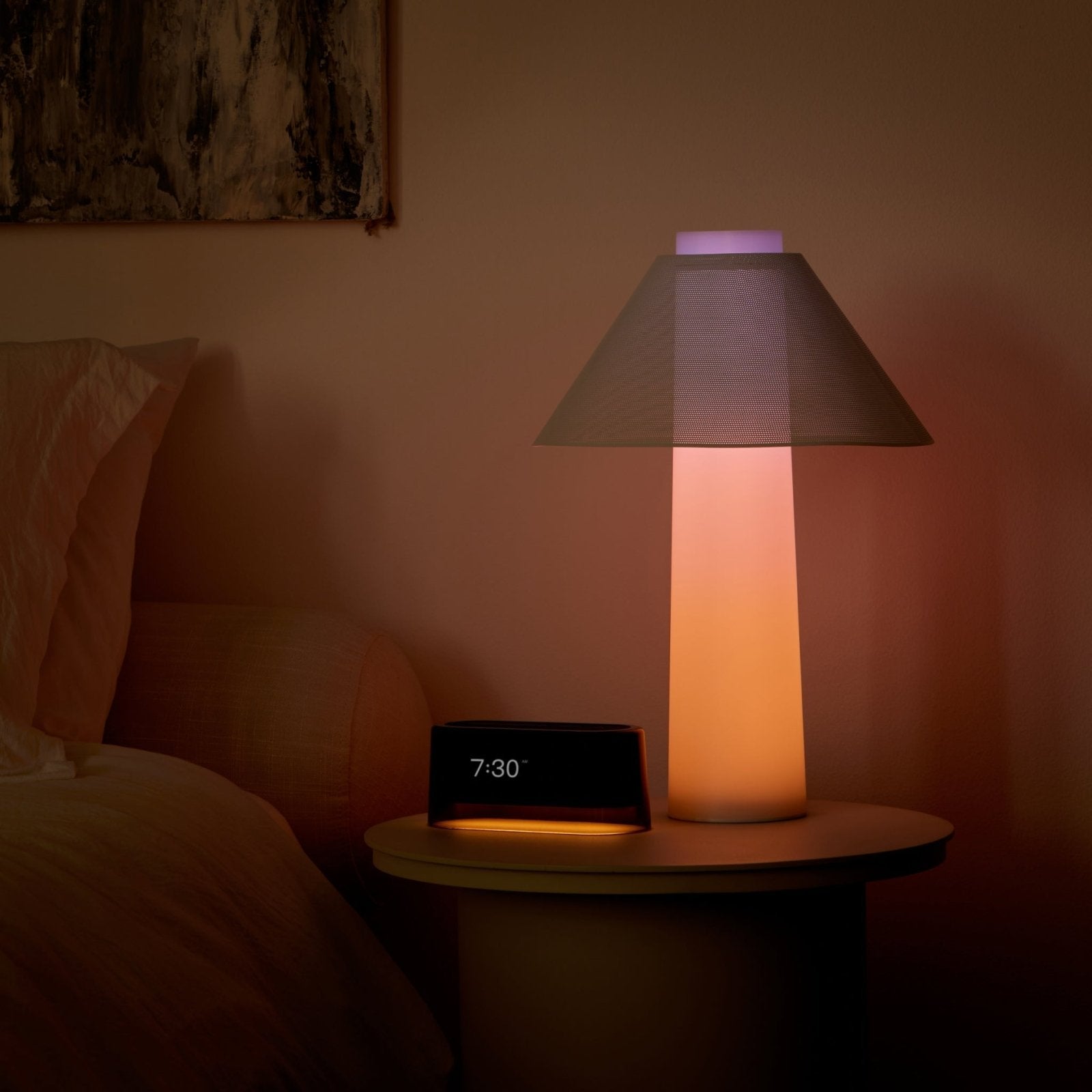 Loftie lamp on nightstand next Loftie clock