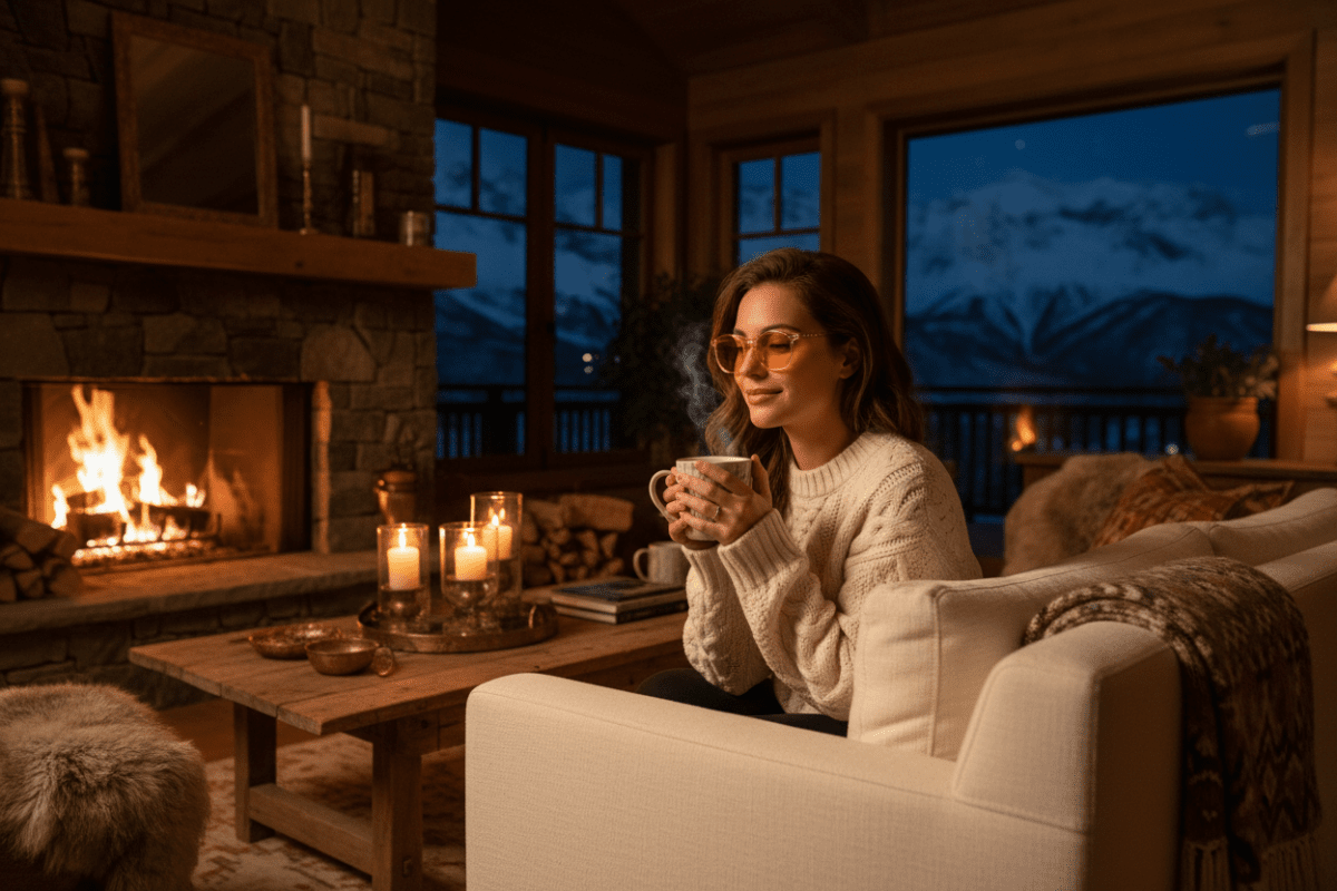 woman sitting on couch in a cozy home with fireplace wearing freamwalkerz glasses for circadian rhythm as a new mom on nanaka.co