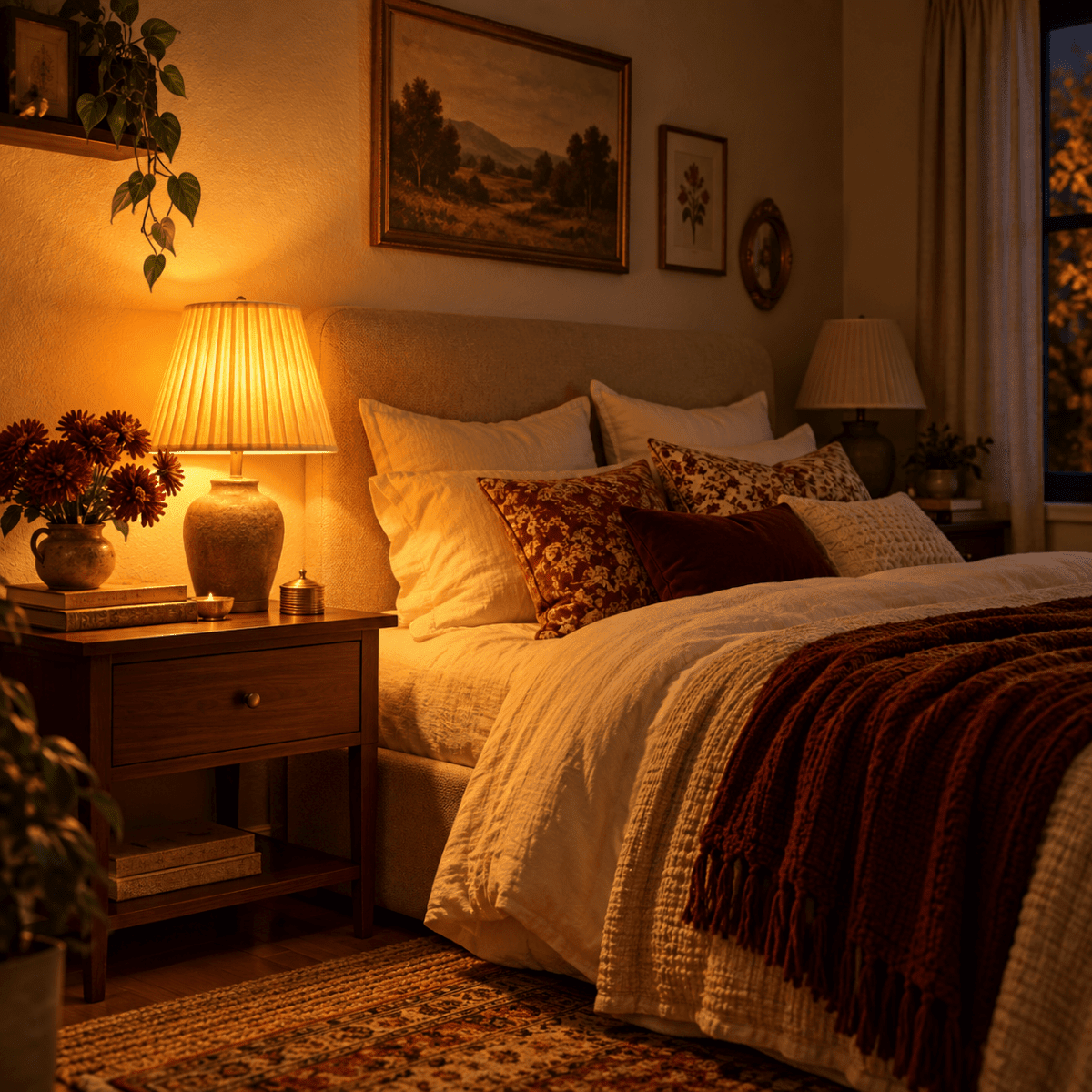 A bedside table lamp casts warm amber light across a bedroom with layered pillows, framed artwork, and flowers.