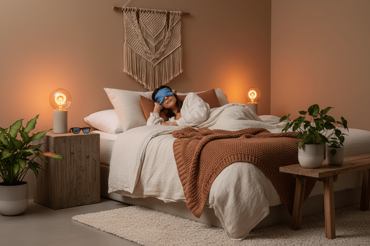 A serene bedroom at dusk with a sleep mask, blue light blocking glasses, and warm circadian lighting on a nightstand