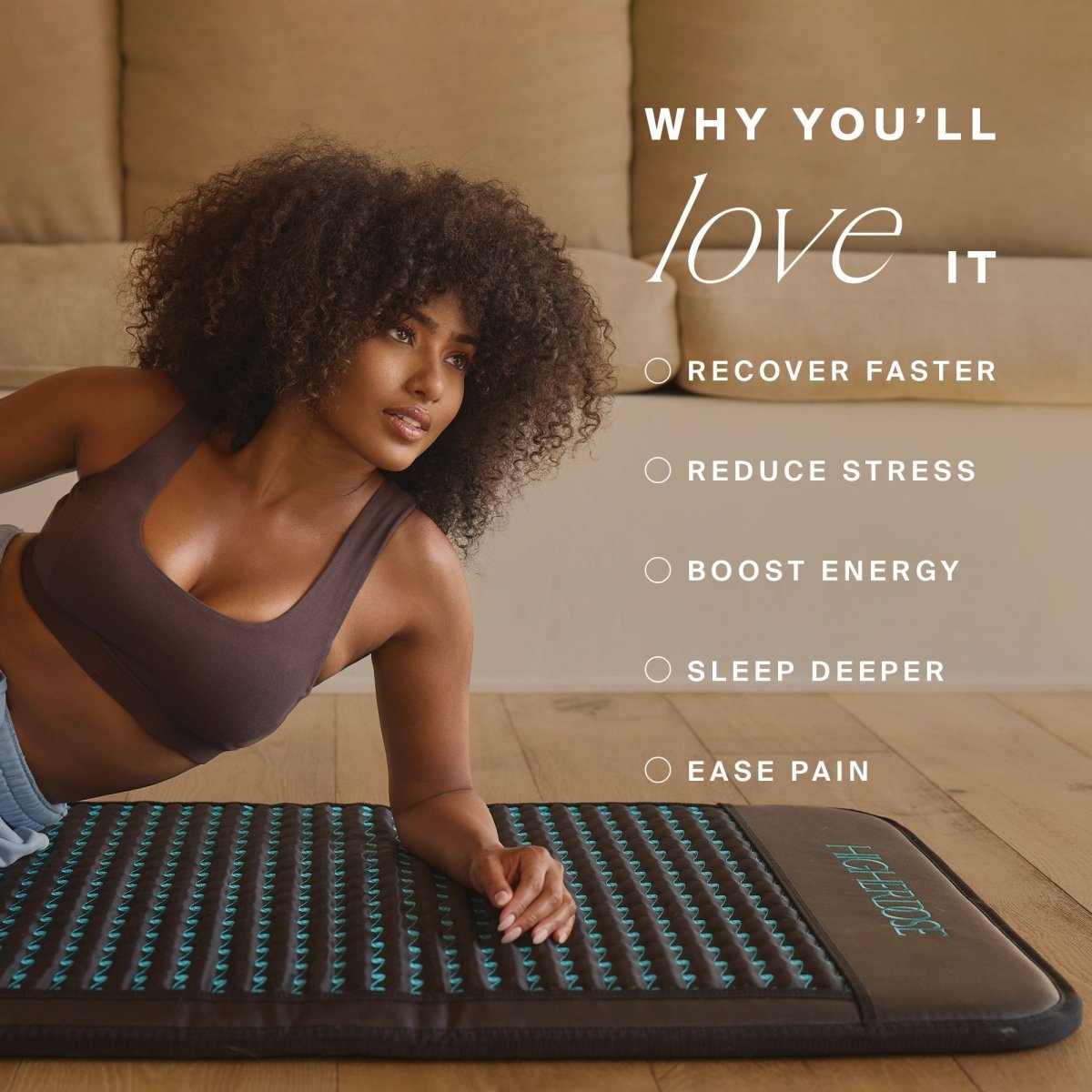 Woman leaning on a HigherDOSE Pemf mat on nanaka.co 