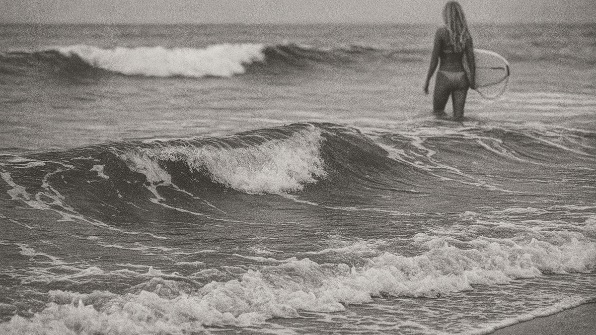 grayscale surfing waves with female surfer Pirette for Nanaka.co