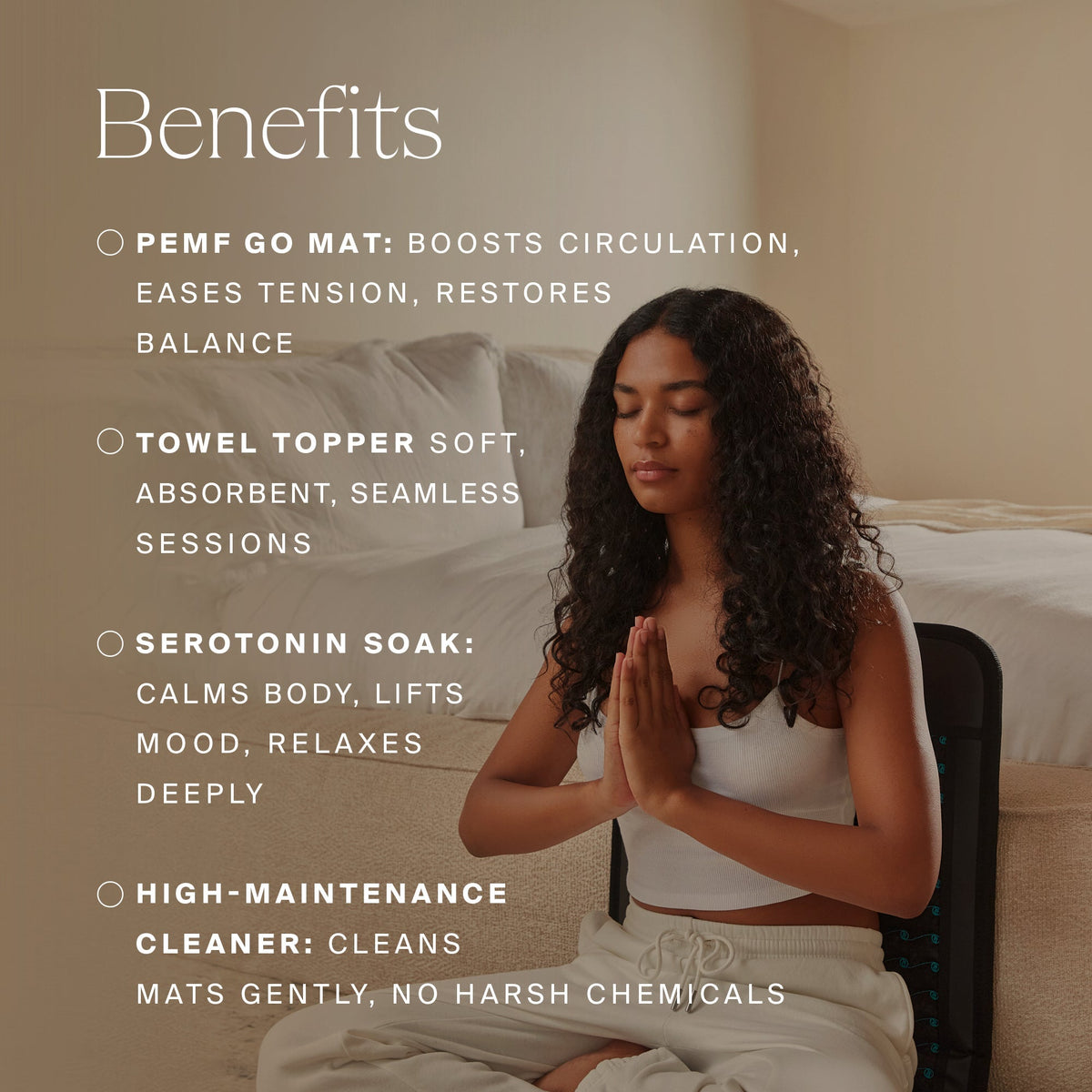 Woman meditating on the HigherDOSE Infrared PEMF Go Mat with benefits: circulation, tension relief, balance