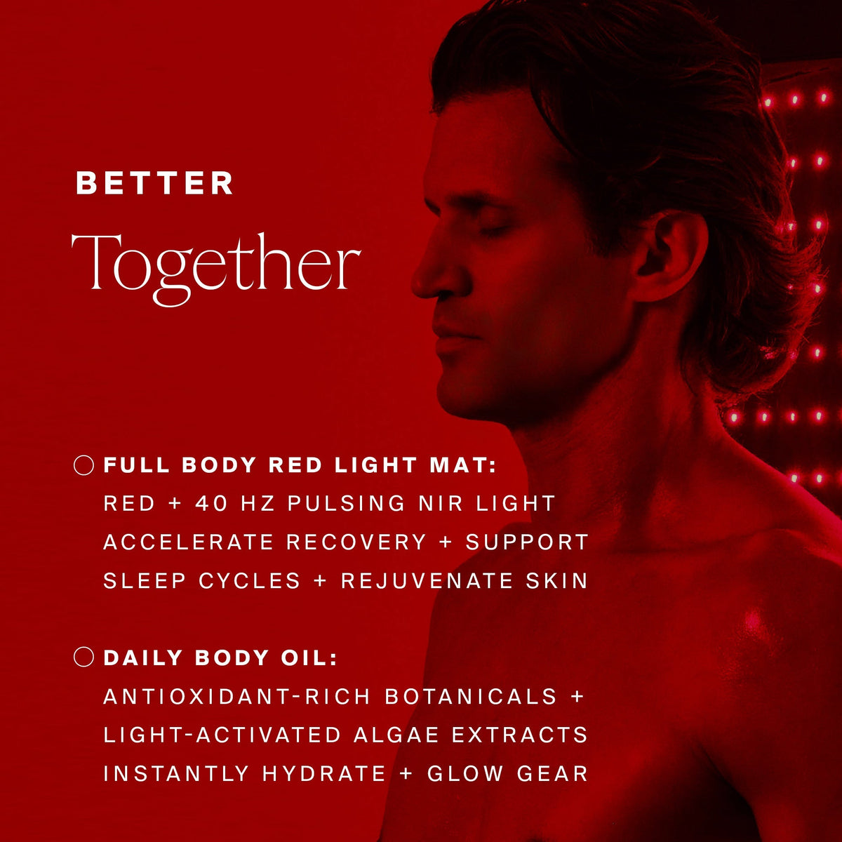 Man looking down in front of the HigherDOSE Full Body Red Light Mat: better together with the Daily Body Oil