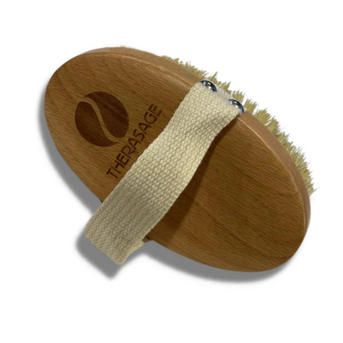 Therasage TheraBrush dry brush with engraved logo and cotton strap on a white background