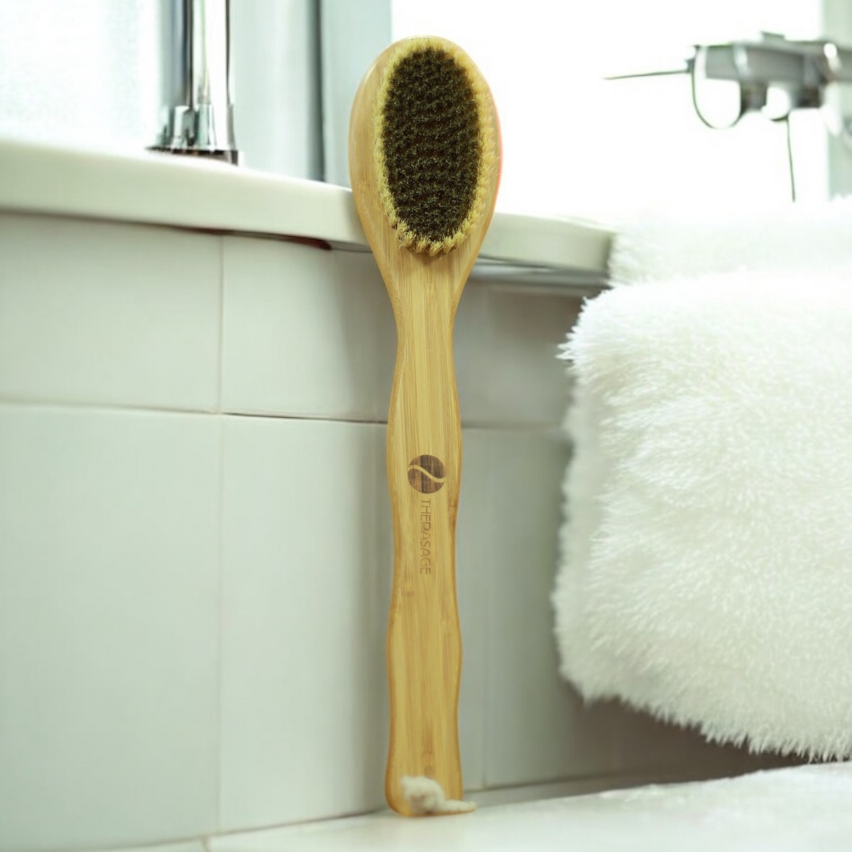 Therasage TheraBrush long bamboo handle brush leaning against a bathtub